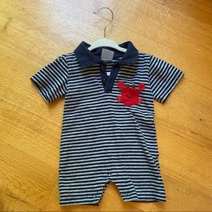 Blue and Gray Stripes Romper w/ cute Crab pocket